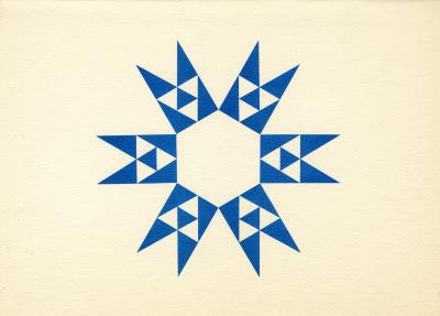 Cards depicts: White background with a blue geometric pattern made to resemble a six pointed snowflake in the middle.