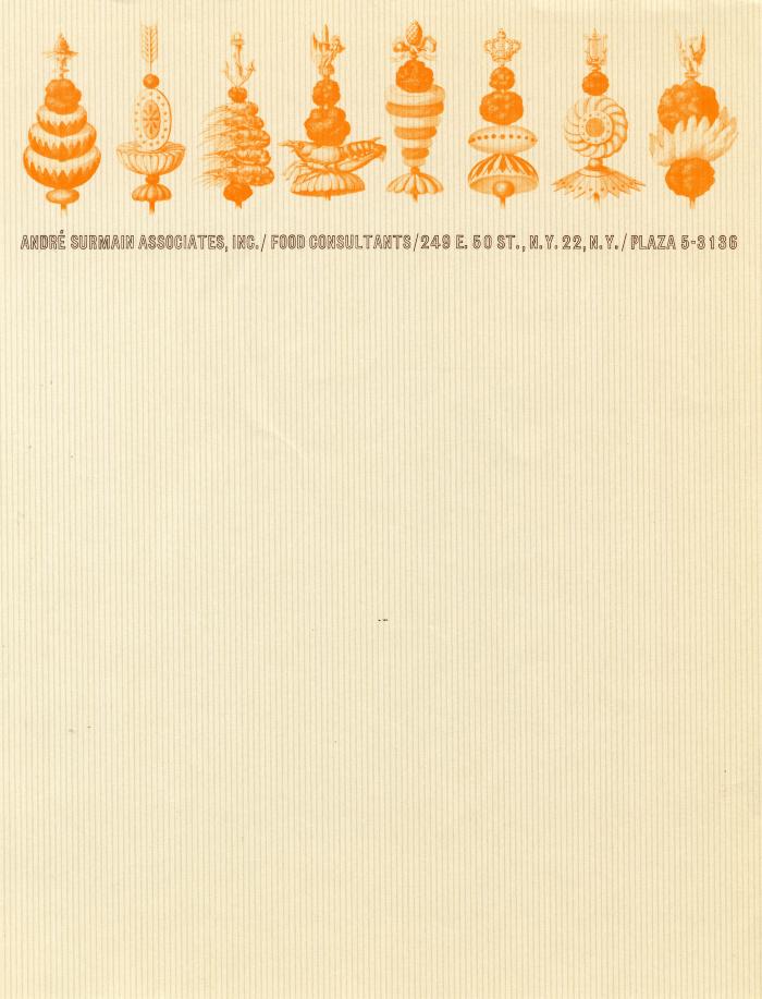 Letterheads/Stationery depicts: cream vertically striped background with 8 kebabs drawn vertically next to each other with decadent food and a different handle on each drawn in orange in the upper part of the image. There is a line of black text below.