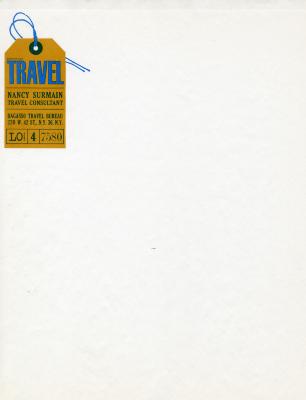 Letterheads/Stationery depicts: White background with an orange travel tag with blue text and a blue string in the upper left corner.