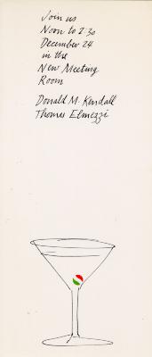 Announcements and invitations depicts: White background with fanciful white text at the top center and a sketch of a cocktail glass with a tiny red, white, and green circle inside it at the bottom of the image.
