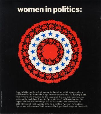 Announcements and invitations depicts: Black background with white text at the top and bottom, and a red and white doily with blue stars in the middle.