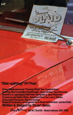 Posters depicts: hood of red car with Forever Plaid flyer behind windshield wiper