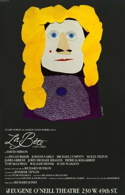 Posters depicts: Paper collage of a front view bust of an ugly blonde woman with piercing blue eyes, a large nose, and a mole, wearing purple against a black background.