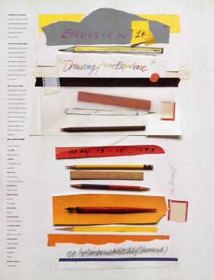 Posters depicts: Collage of drawing tools and paper aligned in a column against a white background.