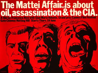 Posters depicts: red poster with drawing of three male faces in various stages of distress.