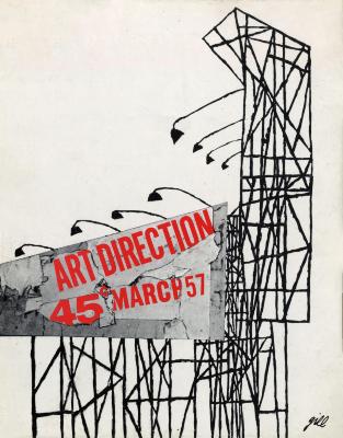 Serial Publications depicts: System of black metal bars supporting lights over a sign reading Art Direction 45 in red