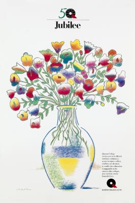 Posters depicts: Drawing of glass vase filled with many colorful flowers.