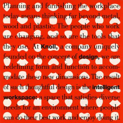 Black text over a red background with a row and column pattern of organic white shapes.