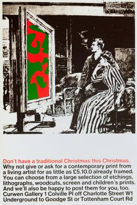 Posters depicts: Old fashioned couple in black and white sitting in front of a red and green abstract painting or poster