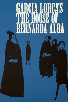 Posters depicts: Blue poster with five blocky female figures in black who appear to be mourning