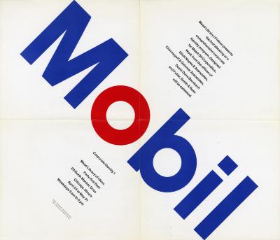 Posters, Logos and identities depicts: The Mobil Oil logo written diagonally against a white background.