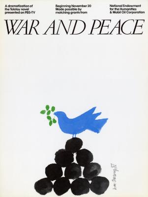 Posters depicts: White background with an impressionistic illustration of a blue bird sitting on top of a pile of cannon balls with a green branch and leaves in its mouth.