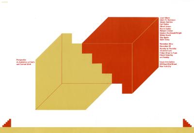 Posters depicts: Two cube shapes, yellow and red, of ambiguous perspective, with exhibition details
