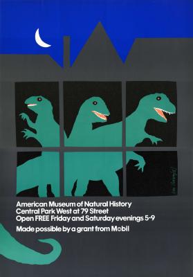 Posters depicts: Collage of a gray house under the night sky with three green dinosaurs seen through the window.