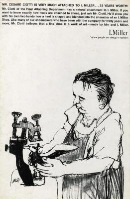 Advertisements depicts: black pencil drawing of man at cobbler's device