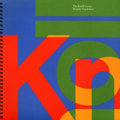 Logos and identities, Graphic Standards Manuals depicts: Blue background with several giant overlapping letters spelling "Knoll" in different colors.