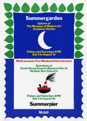 Posters depicts: Top half is a blue square lined with green leaves with a crescent moon inside with the title "Summergarden" and the bottom half a white square bordered a with blue wavy line representing water, with a childlike drawing of a boat in the middle and the title "Summerpier".