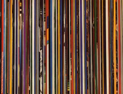 Posters depicts: Many colorful and thin book spines in a row.