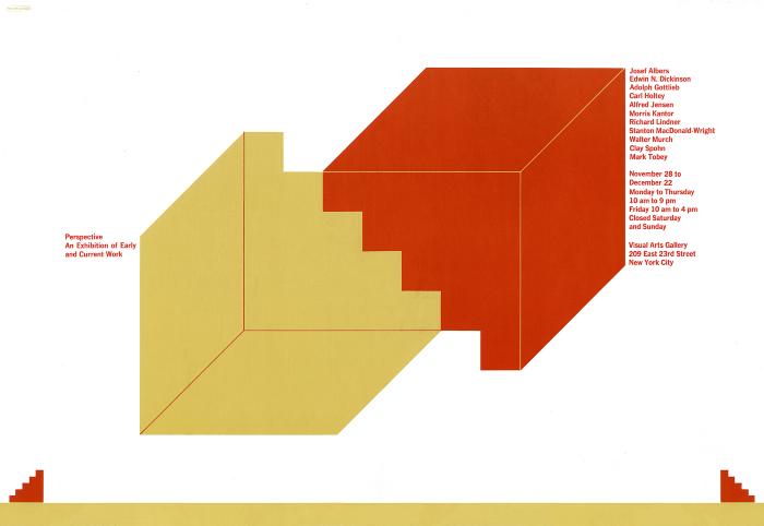 Posters depicts: Two cube shapes, yellow and red, of ambiguous perspective, with exhibition details