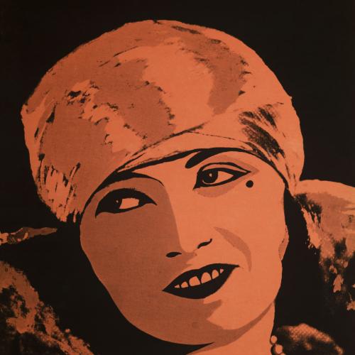 Posters depicts: Glamorous woman with headwrap in two colors, black and golden pink. Type at top of poster is in an art deco style