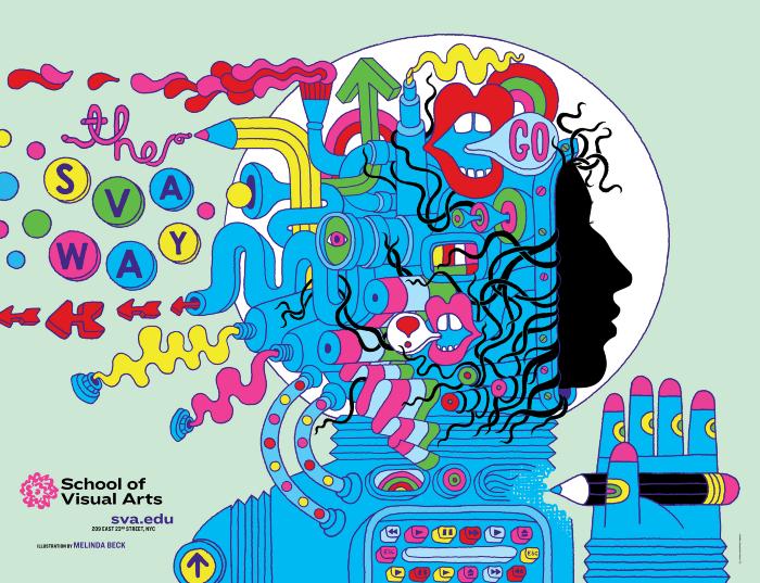 Posters depicts: female profile peeking out of a fanciful spacesuit with buttons, paint tubes, pencil, lips, popsicles and other pipes.