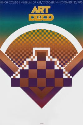 Posters depicts: Art deco abstract design of a ziggurat over a cone in purple and tan.