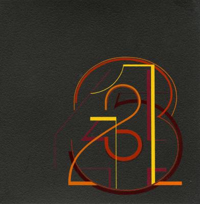 Graphic Standards Manuals, Logos and identities depicts: Black background with an overlapping yellow, orange, and purple design, such that  every number from one to nine could be read from it.