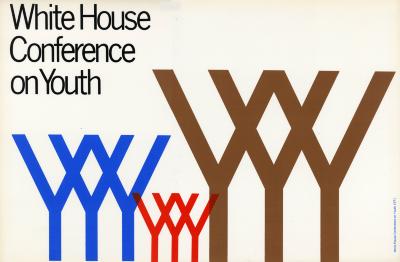 Posters depicts: White background with three different sets of thee "Y's" next to each other in a row. The first three are medium sized and blue, next three are small and red, last three are large and brown.