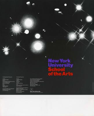 Posters depicts: Black background with many white holes of different sizes that appear to be emanating light. School and department name in purple and red text respectively.
