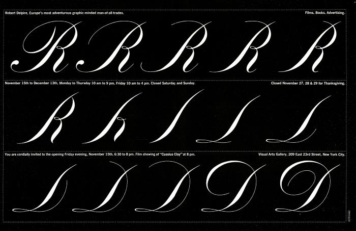 Posters depicts: A series of Rs in script typeface progressively erased down to its central line on which a capital D is then progressively constructed