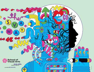 Posters depicts: female profile peeking out of a fanciful spacesuit with buttons, paint tubes, pencil, lips, popsicles and other pipes.