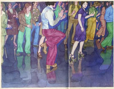 Serial Publications depicts: Watercolor drawing of 1970s era disco dancers in a nightclub.