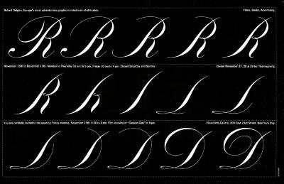 Posters depicts: A series of Rs in script typeface progressively erased down to its central line on which a capital D is then progressively constructed