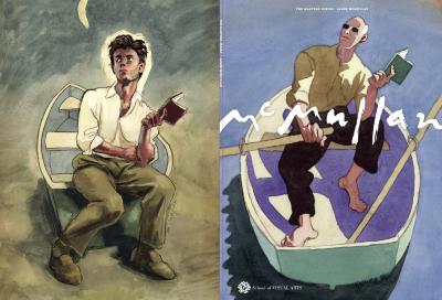 Portfolios depicts: Front and back cover of exhibition catalog, each depicting a man in a row boat holding a book