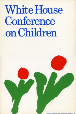Posters depicts: Blue text at the top against a white background with two impressionistic red flowers at the bottom.