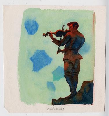 Original Art depicts: watercolor of violinist standing on rock in military clothing