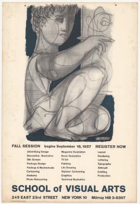Posters depicts: Rough graphite and blue sketch against a white background of a man drawing.