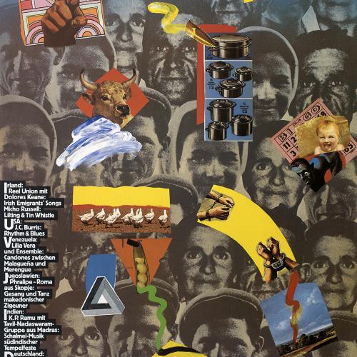 Collaged black and white faces with very colorful images of pots and pans, ducks, palm trees, etc, collaged on top