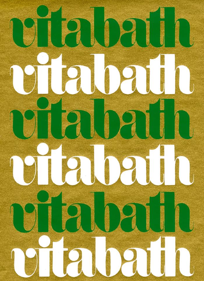 Packaging depicts: Vitabath logotype in rounded green and white type on a gold background