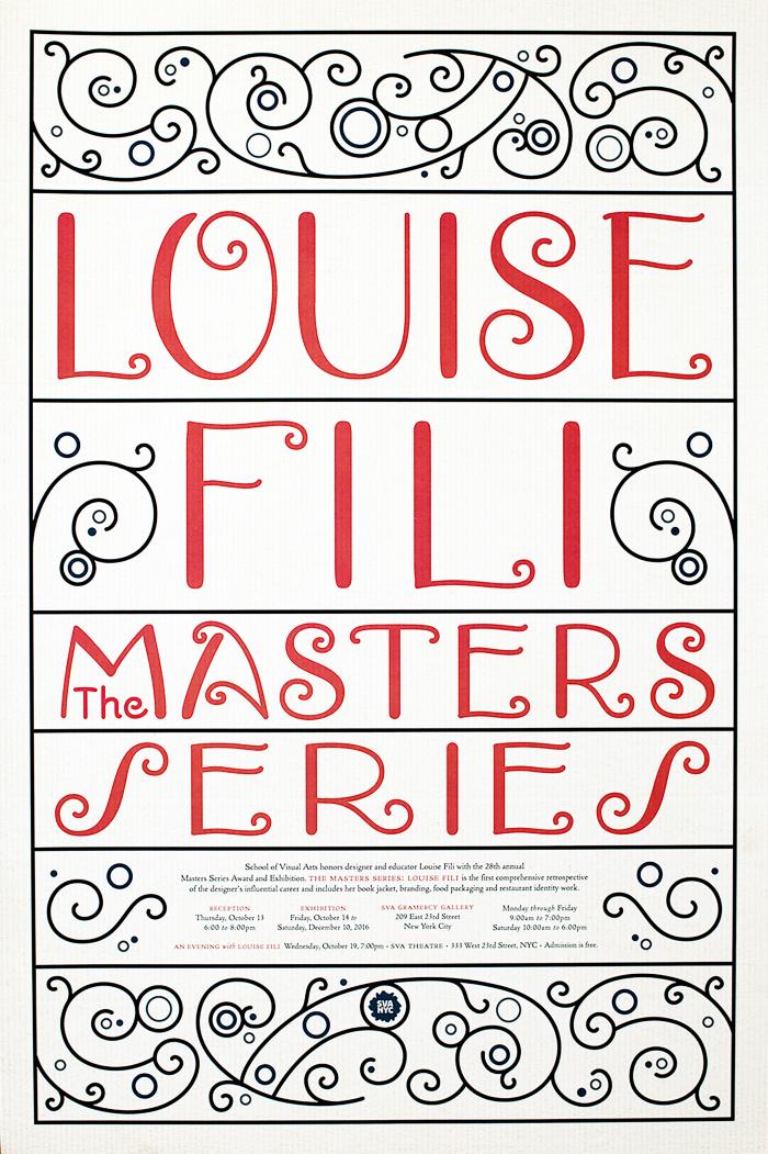 Posters depicts: Poster with ornamental red lettering and black ornamentation