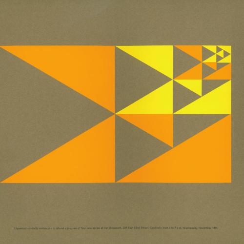 Posters, Logos and identities, Announcements and invitations depicts: Invitation to preview of new furniture lines, with four 'E's composed of right triangles, either orange or yellow, nested in the top right corner of each other