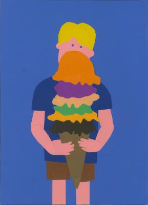 Serial Publications, Original Art depicts: cut paper collage of boy holding huge multi-scoop ice cream cone