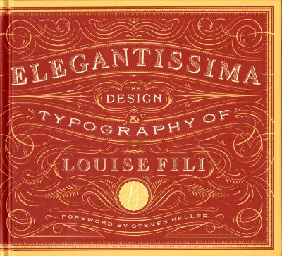 Books depicts: Ornamental vintage type on a red background with yellow curlicue ornamentation