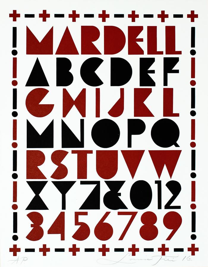 Posters depicts: Complete type specimen alphabet in red and black. Letters are angular, forming triangles and thick half circles.