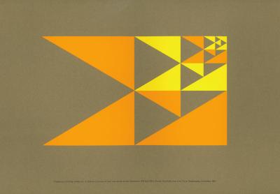 Posters, Logos and identities, Announcements and invitations depicts: Invitation to preview of new furniture lines, with four 'E's composed of right triangles, either orange or yellow, nested in the top right corner of each other
