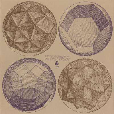 Letterheads/Stationery depicts: Four drawings of three-dimensional spheres in brown and purple on brown paper