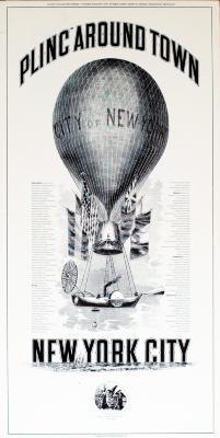 Advertisements, Posters depicts: Hot air balloon that says "City of New York" a body of water with the words "New York City" floating in the water