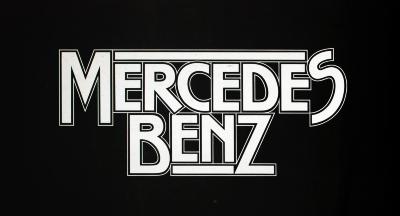 Logos and identities depicts: Mercedes Benz logotype in white type on black background