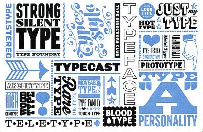 Cards depicts: Various phrases using the word type in old wood block type styles and in different directions