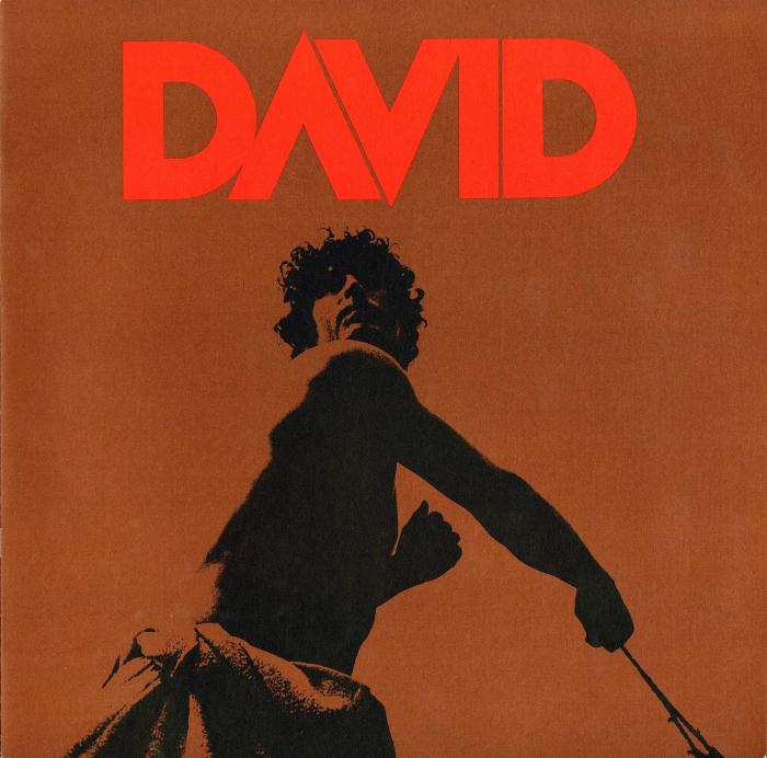 Booklet/Brochure depicts: Classical male figure twisting his body and preparing to fling something attached to a rope; the tile David is at the top in red block letters.
